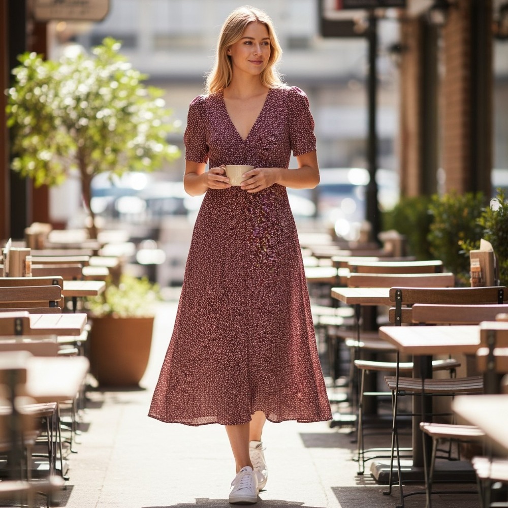 NEW Levi's Midi Dress Women's Small Burgundy Floral V-Neck